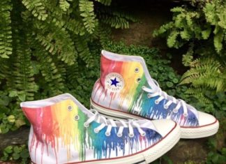 Best Baskets & Sneakers 2017/2018 : Ladies Color Crayon Drip Rainbow pride Custom Printed High Top Converse Swarovski Crystal Rhinestone Chuck Taylor All Star Sneakers Shoes