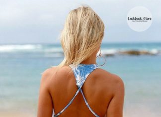 Best Swimwear 2017/2018 : Swimwear // Show off in this light blue tropical leaf-print high-neck bikini set…
