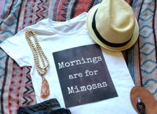 Fashion Quotes : Mornings are for mimosas quote t-shirt available in white or black size s, med, large, and Xl for juniors girls and women