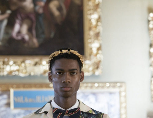 Gucci : Contemporary layers: formalwear is worn under a silk bowling…