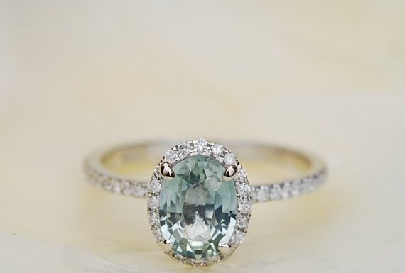 Luxury Jewelry 2017/2018 : 1.98ct Mint blue green oval sapphire diamond ring 14k white gold engagement ring