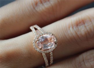 Luxury Jewelry 2017/2018 : 14K Rose Gold 6X8mm Oval Morganite Split Band Diamond Ring and Diamond Wedding Ring Set