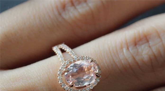 Luxury Jewelry 2017/2018 : 14K Rose Gold 6X8mm Oval Morganite Split Band Diamond Ring and Diamond Wedding Ring Set