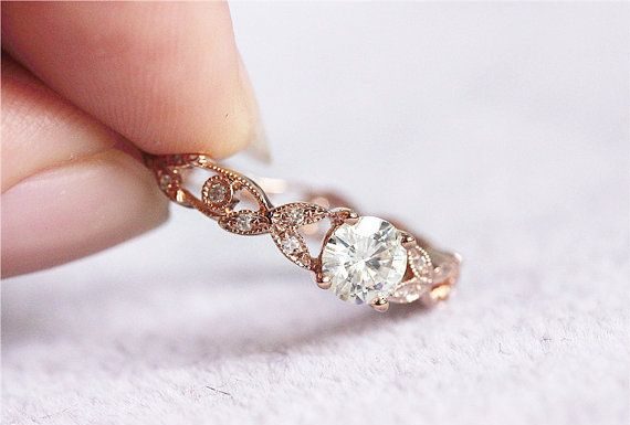 Luxury Jewelry 2017/2018 : 14K Rose Gold Mossanite Ring 5mm Round Moissanite Ring Engagement Ring Diamonds Wedding Ring Promise Ring Moissanite Jewelry