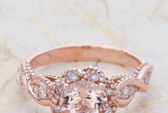 Luxury Jewelry 2017/2018 : 14K Vintage Rose Gold Engagement Ring Center Is A Round Morganite