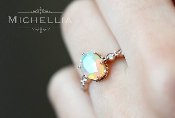Luxury Jewelry 2017/2018 : 14K/18K Opal Engagement Ring with Diamond, Solid Gold Ethiopian Fire Opal Promise Ring, Rose Gold Yellow Gold White Gold, October Birthstone