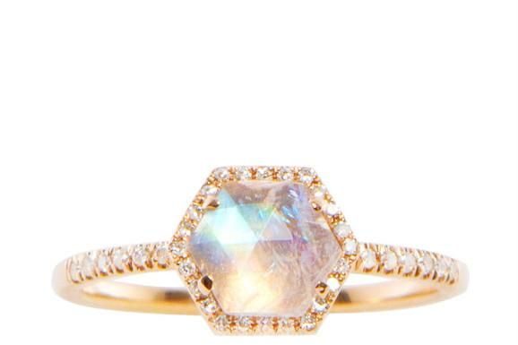 Luxury Jewelry 2017/2018 : 14kt gold and diamond Double Band Moonstone Hex ring