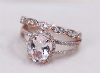 Luxury Jewelry 2017/2018 : 2 Rings Set – VS 7x9mm Pink Morganite Ring with Diamond Matching Band Wedding Ring Set 14K Rose Gold Morganite Ring Diamond Engagement Ring