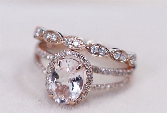 Luxury Jewelry 2017/2018 : 2 Rings Set – VS 7x9mm Pink Morganite Ring with Diamond Matching Band Wedding Ring Set 14K Rose Gold Morganite Ring Diamond Engagement Ring