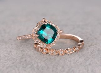 Luxury Jewelry 2017/2018 : 2pcs Emerald Engagement ring Set Rose gold,Diamond wedding band,7mm Cushion Cut,Bridal Ring,Retro Vintage Floral,Lab-Treated Green Emerald