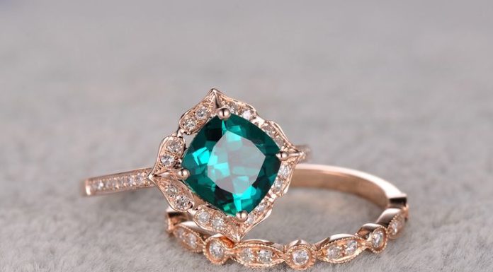 Luxury Jewelry 2017/2018 : 2pcs Emerald Engagement ring Set Rose gold,Diamond wedding band,7mm Cushion Cut,Bridal Ring,Retro Vintage Floral,Lab-Treated Green Emerald