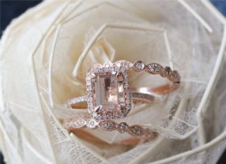 Luxury Jewelry 2017/2018 : 3PCS ring set Emerald Cut 14K Rose Gold Morganite Ring Set Morganite Engagement Ring Set Wedding Ring Set Anniversary Ring Set Bridal Ring