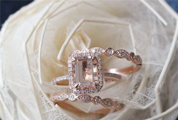 Luxury Jewelry 2017/2018 : 3PCS ring set Emerald Cut 14K Rose Gold Morganite Ring Set Morganite Engagement Ring Set Wedding Ring Set Anniversary Ring Set Bridal Ring