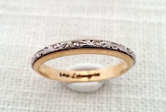 Luxury Jewelry 2017/2018 : Antique Art Deco 1930s 14K Yellow & White Gold Two Tone Engraved Floral Eternity Band – Ivy / Vines – Wedding Band