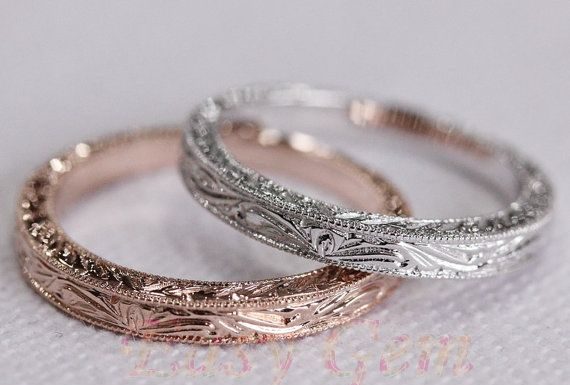 Luxury Jewelry 2017/2018 : Art Deco Antique 14K White Gold Milgrain Wedding Matching Band Ring/wedding band…