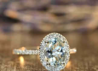 Luxury Jewelry 2017/2018 : Diamond and Aquamarine Engagement Ring in 14k White Gold Pave Diamond Wedding……