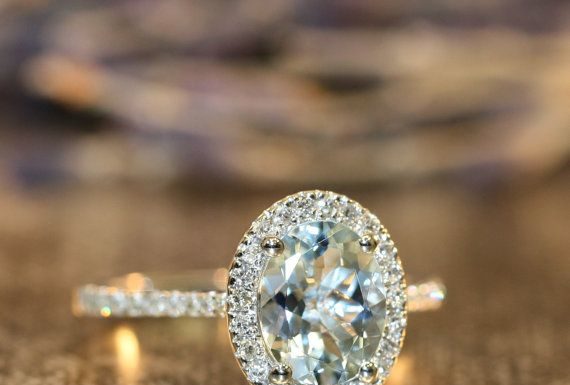 Luxury Jewelry 2017/2018 : Diamond and Aquamarine Engagement Ring in 14k White Gold Pave Diamond Wedding……
