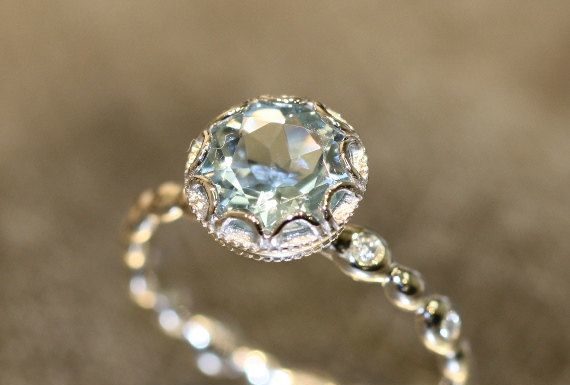 Luxury Jewelry 2017/2018 : Floral Aquamarine Engagement Ring in 14k White Gold Diamond Pebble Ring 8x8mm Ov…