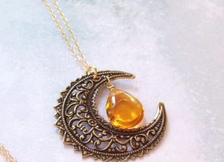 Luxury Jewelry 2017/2018 : Gold Harvest Moon Necklace, Crescent Moon Necklace, Wiccan Necklace, 14K gold filled, yellow topaz, pagan, filigree, fall fashion, wicca