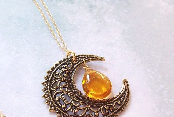 Luxury Jewelry 2017/2018 : Gold Harvest Moon Necklace, Crescent Moon Necklace, Wiccan Necklace, 14K gold filled, yellow topaz, pagan, filigree, fall fashion, wicca
