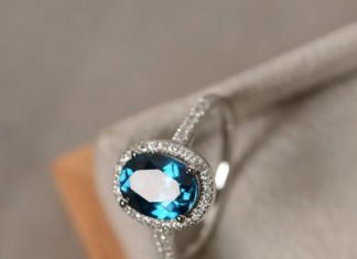 Luxury Jewelry 2017/2018 : London blue topaz ring, oval gemstone, sterling silver halo ring, engagement ring