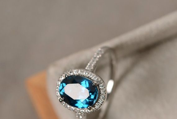 Luxury Jewelry 2017/2018 : London blue topaz ring, oval gemstone, sterling silver halo ring, engagement ring