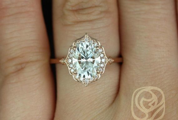Luxury Jewelry 2017/2018 : Mae 9x7mm 14kt Rose Gold Oval FB Moissanite and Diamond Halo Engagement Ring (Other metals and stone options available)