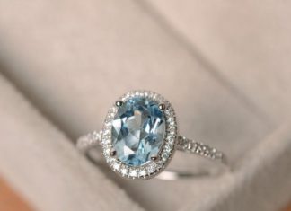 Luxury Jewelry 2017/2018 : March birthstone aquamarine ring, sterling silver, halo ring gemstone, engagement ring