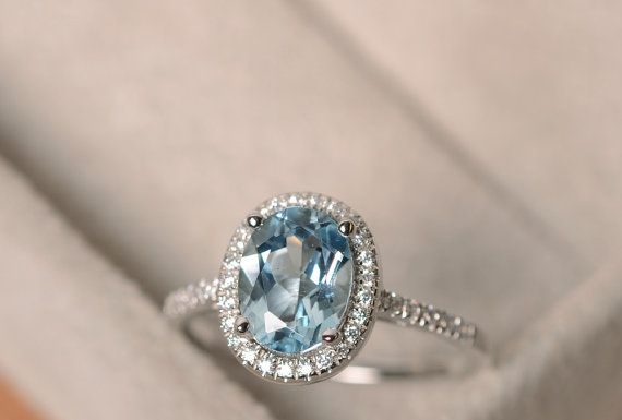 Luxury Jewelry 2017/2018 : March birthstone aquamarine ring, sterling silver, halo ring gemstone, engagement ring