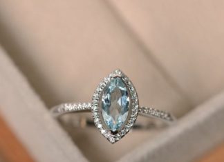 Luxury Jewelry 2017/2018 : Marquise aquamarine ring, March birthstone, silver, promise ring
