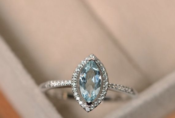 Luxury Jewelry 2017/2018 : Marquise aquamarine ring, March birthstone, silver, promise ring