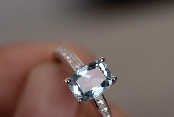 Luxury Jewelry 2017/2018 : Natural Aquamarine Ring Sterling Silver Gemstone Ring Engagement Ring Birthstone Ring Birthday Gift