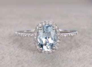 Luxury Jewelry 2017/2018 : Natural Blue Aquamarine Ring! Engagement ring White gold with Diamond,Bridal ring,14k,6x8mm Oval Cut,Blue Stone Gemstone Promise Ring,Halo