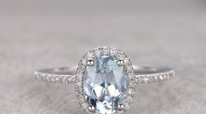 Luxury Jewelry 2017/2018 : Natural Blue Aquamarine Ring! Engagement ring White gold with Diamond,Bridal ring,14k,6x8mm Oval Cut,Blue Stone Gemstone Promise Ring,Halo