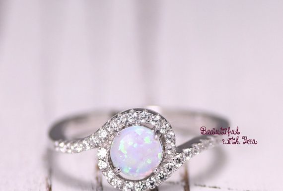 Luxury Jewelry 2017/2018 : Silver Lab Opal Ring, White Opal Ring, Opal Wedding Band, Womens Opal Wedding Ring, Promise Ring for Her, Opal Engagement Ring, Halo Ring