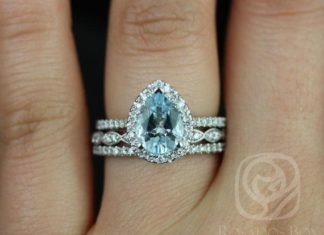 Luxury Jewelry 2017/2018 : Tabitha 9x7mm & Christie 14kt White Gold Pear Aquamarine and Diamonds Halo TRIO Wedding Set (Other metals and stone options available)