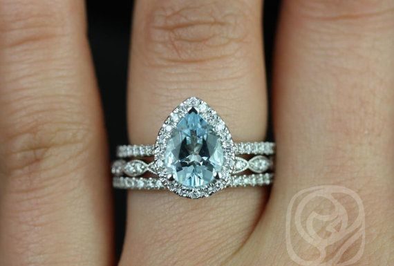 Luxury Jewelry 2017/2018 : Tabitha 9x7mm & Christie 14kt White Gold Pear Aquamarine and Diamonds Halo TRIO Wedding Set (Other metals and stone options available)