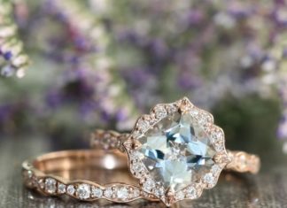 Luxury Jewelry 2017/2018 : Vintage Floral Aquamarine Engagement Ring and Scalloped Diamond Wedding Band Bridal Set in 14k Rose Gold 8x8mm Cushion Aquamarine Ring