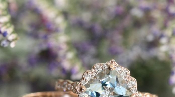 Luxury Jewelry 2017/2018 : Vintage Floral Aquamarine Engagement Ring and Scalloped Diamond Wedding Band Bridal Set in 14k Rose Gold 8x8mm Cushion Aquamarine Ring