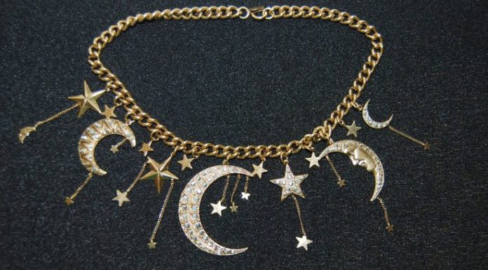 Luxury Jewelry 2017/2018 : Vintage Kirks Folly Moon Stars Charm Chunky Pendant Necklace Gold Tone Silver Marcasites Original Tag Halloween