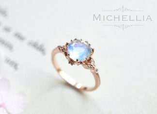 Luxury Jewelry 2017/2018 : Vintage Moonstone Floral Engagement Ring in 14k or 18K Solid Gold, Art Nouveau Moonstone Laurel Leaf Ring, Blue Moonstone, Rose White Gold