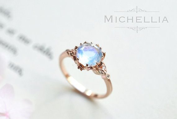 Luxury Jewelry 2017/2018 : Vintage Moonstone Floral Engagement Ring in 14k or 18K Solid Gold, Art Nouveau Moonstone Laurel Leaf Ring, Blue Moonstone, Rose White Gold
