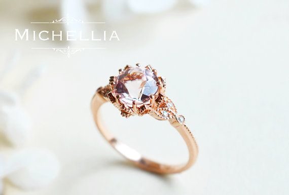 Luxury Jewelry 2017/2018 : Vintage Morganite Floral Engagement Ring in 14K or 18K Gold, Woodland Art Deco Vintage Morganite Laurel Leaf Ring, Rose Gold Pink Morganite