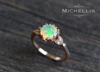 Luxury Jewelry 2017/2018 : Vintage Opal Floral Engagement Ring with Diamond, Solid Gold Ethiopian Fire Opal Ring Set, Opal Promise Ring, Rose Gold Yellow White Gold