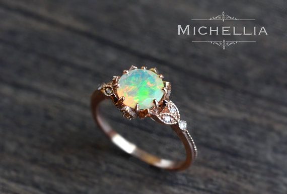 Luxury Jewelry 2017/2018 : Vintage Opal Floral Engagement Ring with Diamond, Solid Gold Ethiopian Fire Opal Ring Set, Opal Promise Ring, Rose Gold Yellow White Gold