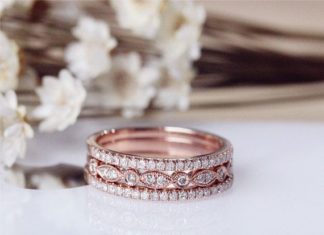Luxury Jewelry 2017/2018 : Wedding Ring Set Solid 14K Rose Gold Diamond Engagement Ring Set Half Eternity Stackable Matching Band