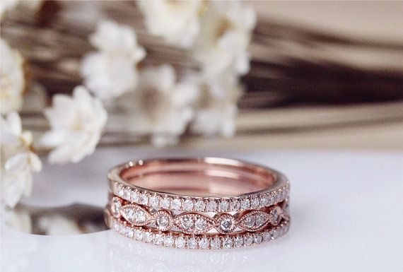 Luxury Jewelry 2017/2018 : Wedding Ring Set Solid 14K Rose Gold Diamond Engagement Ring Set Half Eternity Stackable Matching Band