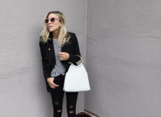 Street Style : Jacey Duprie has paired black jeans with a horizontally striped…