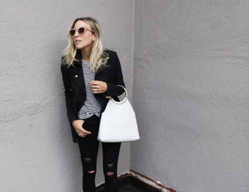 Street Style : Jacey Duprie has paired black jeans with a horizontally striped…