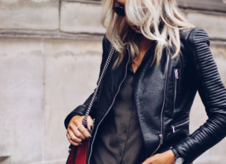 Street Style : Lucy Connelly’s leather jacket has been matched with a simple,…